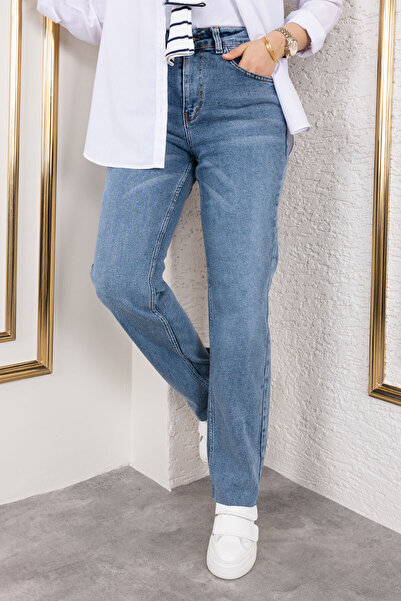 Tesettür Dünyası Paçası Kesik Yüksek Bel Kot Pantolon TSD250120 Koyu Mavi