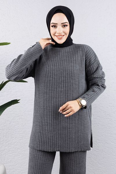 Tesettür Dünyası Anthracite Knitwear Set - Tsd with Handle End Button Detail 240947