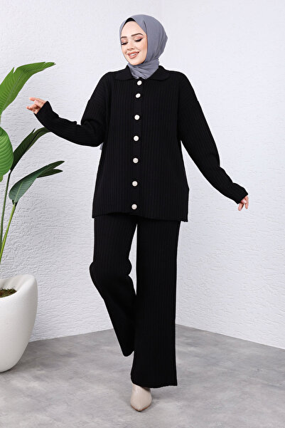 Tesettür Dünyası Black Knitwear Set - Front Buttoned Tsd 240936
