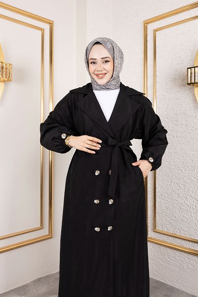 Tesettür Dünyası Full Length Epaulet Detailed Trench Coat Tsd250149 Black