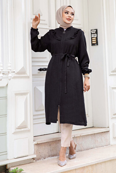 Tesettür Dünyası Önü Fırfır Detaylı Fermuarlı Keten Tunik TSD240518 Siyah