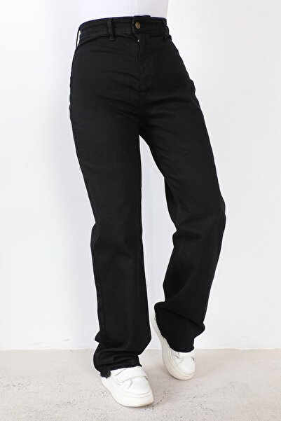 Tesettür Dünyası Wide Leg Denim Trousers with Tassels TSD230916 Black