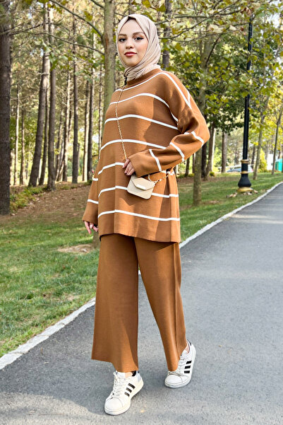 Tesettür Dünyası Ριγέ Πλεκτό Κοστούμι Tsd220905 Καφέ