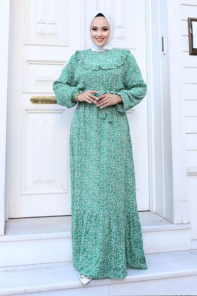 Tesettür Dünyası Φόρεμα Mint Green Viscose - TSD με λεπτομέρεια βολάν και μοτίβο λουλουδιών240614