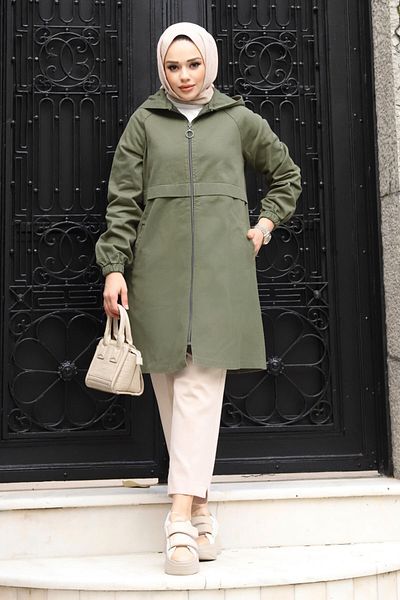 Tesettür Dünyası Pat Detailed Zippered Denim Cap TSD240225 Khaki