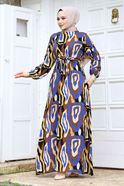 Tesettür Dünyası Dlouhé hidžábové šaty s leopardím vzorem a páskem v pase TSD240235 Saks modrá