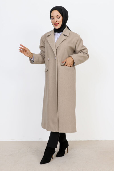 Tesettür Dünyası Double Buttoned Coat with Cover Pockets TSD231109 Mink