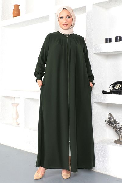 Tesettür Dünyası Hijab Abaya with Elastic Sleeves Tsd230332 Khaki