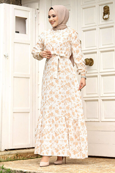 Tesettür Dünyası Μακρύ μονόχρωμο φόρεμα με λουλουδάτο σχέδιο και ζώνη στη μέση TSD240251 Λευκό