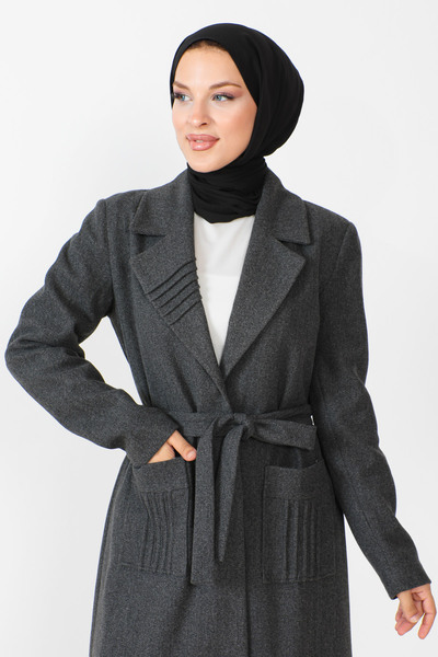 Tesettür Dünyası Waist Belted Cashmere Coat TSD230804 Anthracite