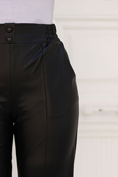 Tesettür Dünyası Black Leather Trousers - Front Button Detailed Tsd 240930