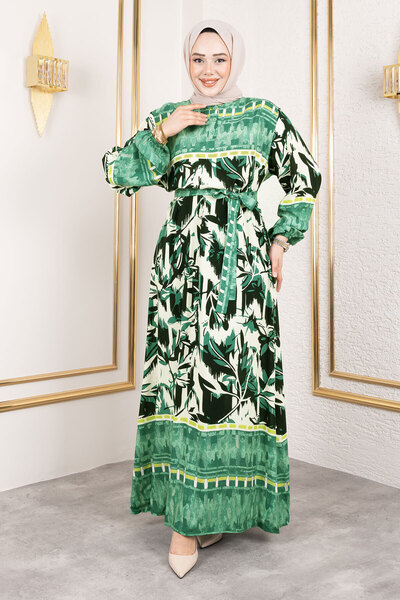 Tesettür Dünyası Μακρύ μονόχρωμο φόρεμα από βισκόζη με σχέδιο θερμοκηπίου TSD250138 Πράσινο