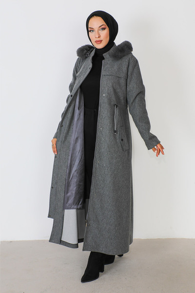 Tesettür Dünyası Full Length Hidden Zipper Stamp Coat TSD230911 Gray