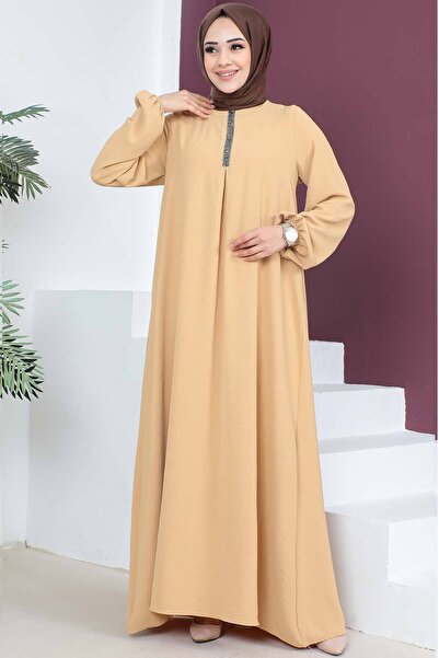 Tesettür Dünyası Long Hijab Dress with Sequin Detail on the Front Tsd230421 Mustard