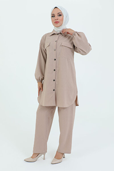 Tesettür Dünyası Anzug mit verdeckter Knopfleiste und Drop Pocket TSD231209 Nerz