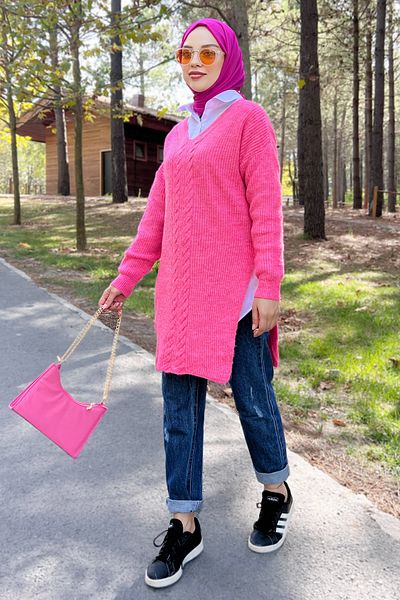 Tesettür Dünyası V-neck Knitwear Tunic Tsd220907 Fuchsia