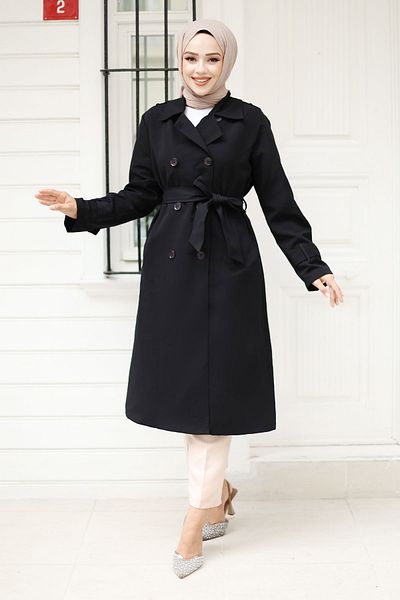 Tesettür Dünyası Black Trench Coat - Buttoned and Epaulet Detail, Tsd 240901