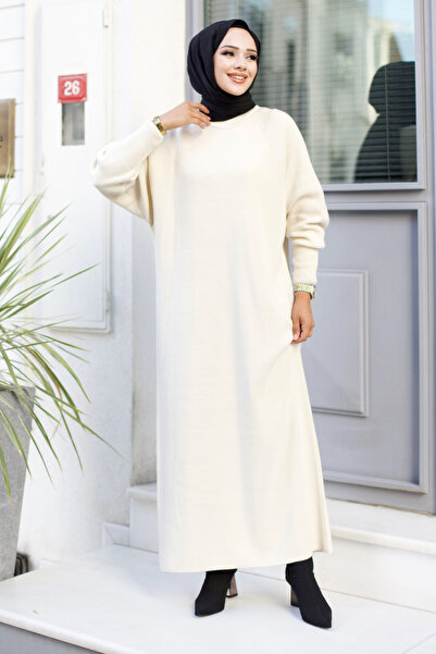 Tesettür Dünyası Reglan Kol Triko Uzun Elbise TSD240725 Bej