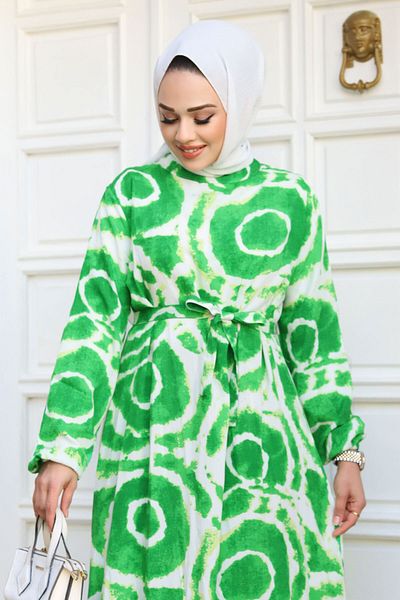 Tesettür Dünyası Φόρεμα Flounce Φούστα με μοτίβο Tie-Dye TSD240209 Πράσινο