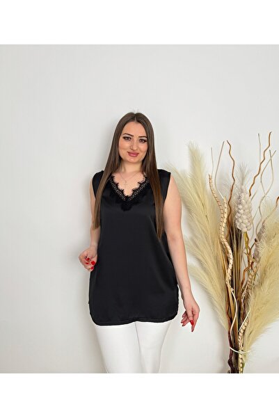 DE WHITES Plus Size Collar Lace Detail Bluz