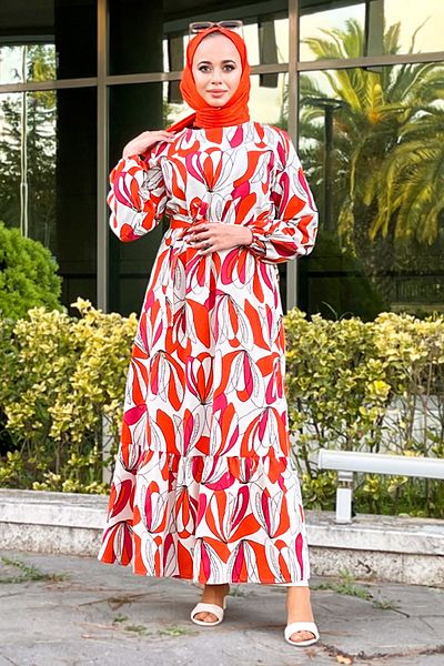 Tesettür Dünyası Patterned Dress with Flounce Skirt Tsd220850 Orange