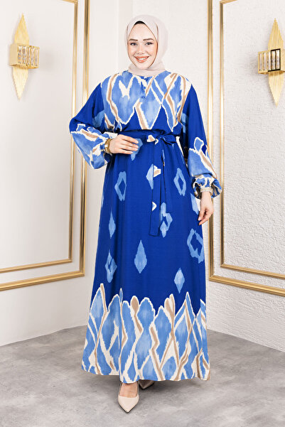 Tesettür Dünyası Χρωματιστό διακοσμημένο μακρύ μονόχρωμο φόρεμα TSD250143 Μπλε