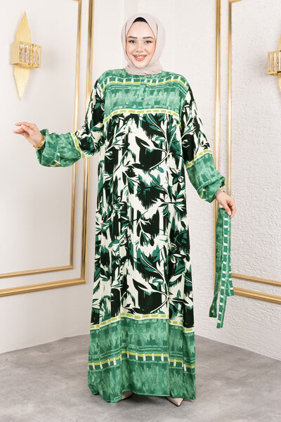 Tesettür Dünyası Μακρύ μονόχρωμο φόρεμα από βισκόζη με σχέδιο θερμοκηπίου TSD250138 Πράσινο