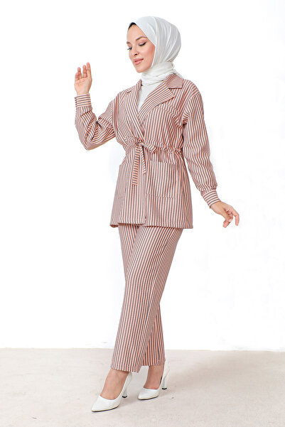 Tesettür Dünyası Striped Jacket Suit TSD230816 Powder