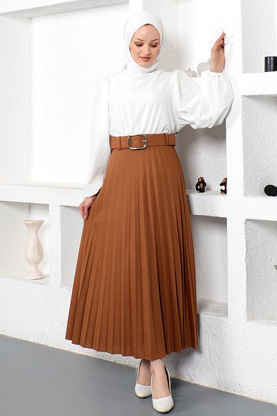Tesettür Dünyası Belted Pleated Skirt Tsd230113 Tan