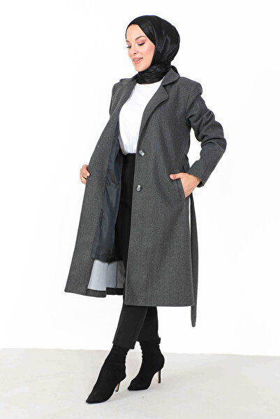 Tesettür Dünyası Double Breasted Collar Waist Belted Stash Coat TSD230806 Anthracite