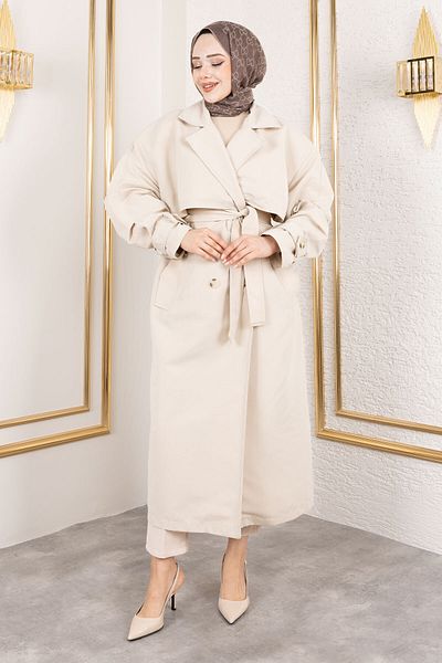 Tesettür Dünyası Trench de culoare Stone Extra Oversize TSD 250139
