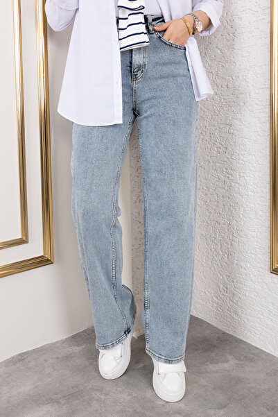 Tesettür Dünyası Yüksek Bel Palazzo Kot Pantolon TSD250119 Açık Mavi