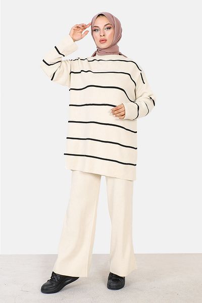 Tesettür Dünyası Striped Knitwear Suit TSD220905 Stone Color