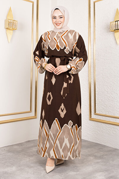 Tesettür Dünyası Renk Garnili Tesettür Uzun Tesettür Elbise TSD250143 Kahverengi