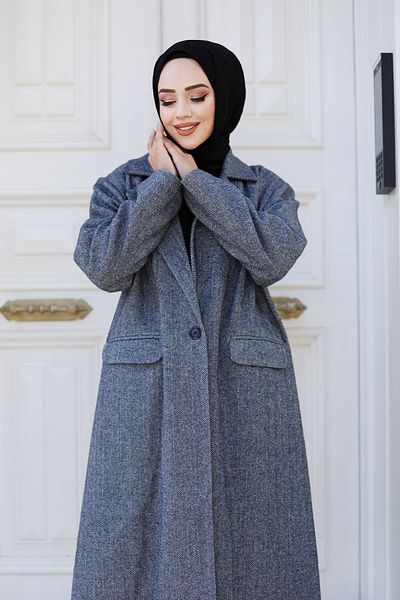 Tesettür Dünyası Navy Blue Herringbone Patterned Coat - Tsd 240925