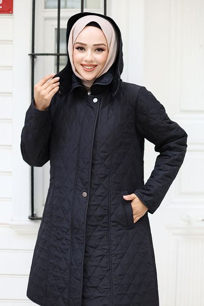 Tesettür Dünyası Černý prošívaný kabát - Velbua Covered, s kapucí, Tsd 240934