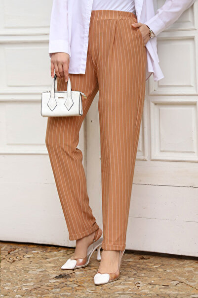 Tesettür Dünyası Double Paça Çizgili Havuç Pantolon TSD240114 Taba