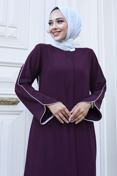 Tesettür Dünyası Plum Hijab Ferace - TSD με λεπτομέρεια σωληνώσεων και φερμουάρ240612