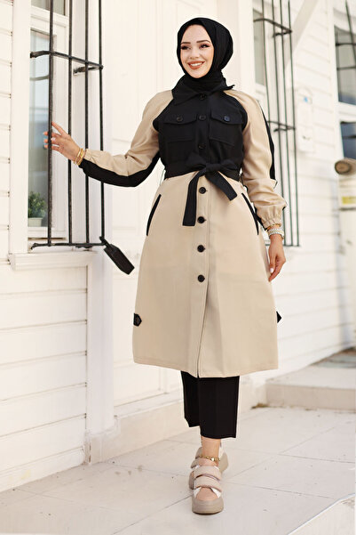 Tesettür Dünyası Beige Double Colored Elastic Sleeve Trench Coat - Tsd 240812