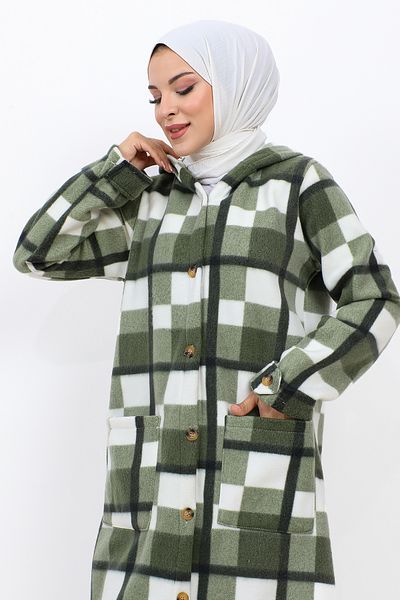 Tesettür Dünyası Καπάκι Fleece με καρό σχέδιο με τσέπες TSD231101 Πράσινο