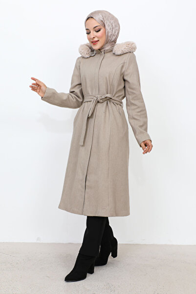 Tesettür Dünyası Hidden Zipper Belted Cashmere Coat TSD230813 Beige
