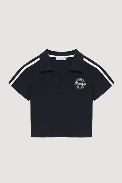 Quzu Polo Neck Printed Crop T-Shirt Navy Blue