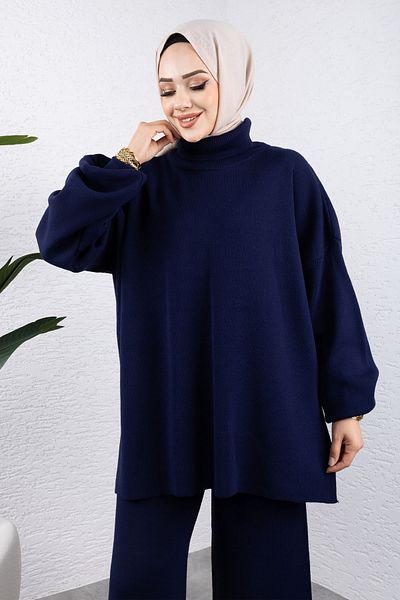 Tesettür Dünyası Navy Blue Balloon Sleeve Knitwear Set - Tsd 240952