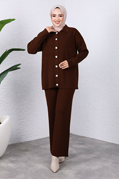 Tesettür Dünyası Σετ πλεκτό με κουμπιά μπροστά Tsd 240936   Πικρός καφές