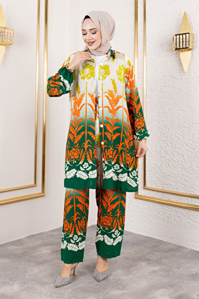 Tesettür Dünyası Σετ Πράσινη Βισκόζη - Πολύχρωμο Μοτίβο Λουλουδιών TSD250111