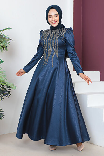 Tesettür Dünyası Estélyi ruha flitteres részletekkel az elején TSD230634 sötétkék