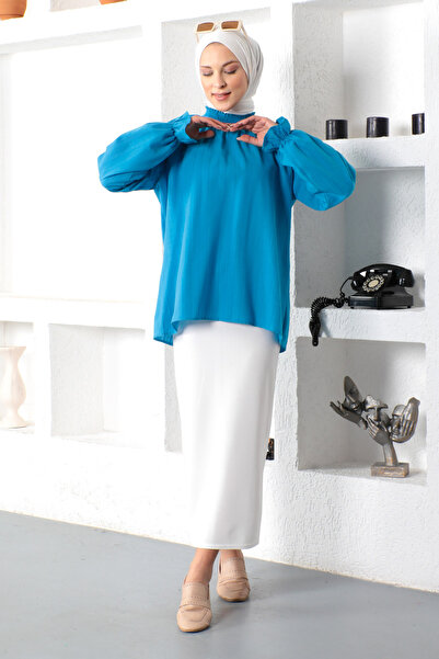 Tesettür Dünyası Elasztikus nyakú blúz Tsd221205 Kék