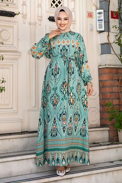 Tesettür Dünyası Mint Green Viscose Dress - Ethnic Pattern and Belted Waist Tsd 240505