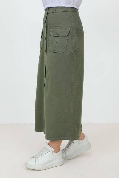Tesettür Dünyası Buttoned Long Denim Skirt with Pockets TSD231202 Khaki