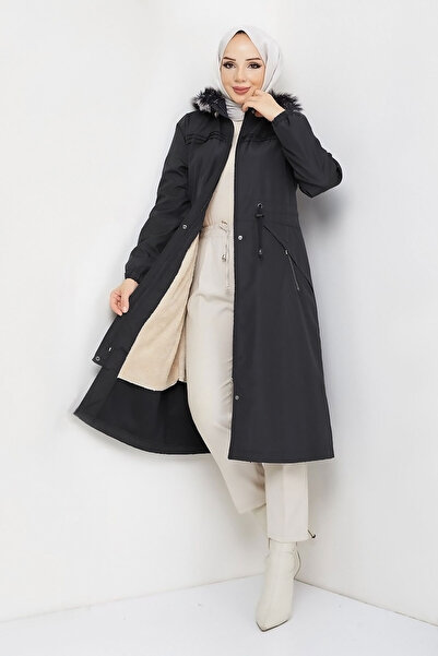 Tesettür Dünyası Zippered Pocket Patch Detailed Coat TSD231013 Black